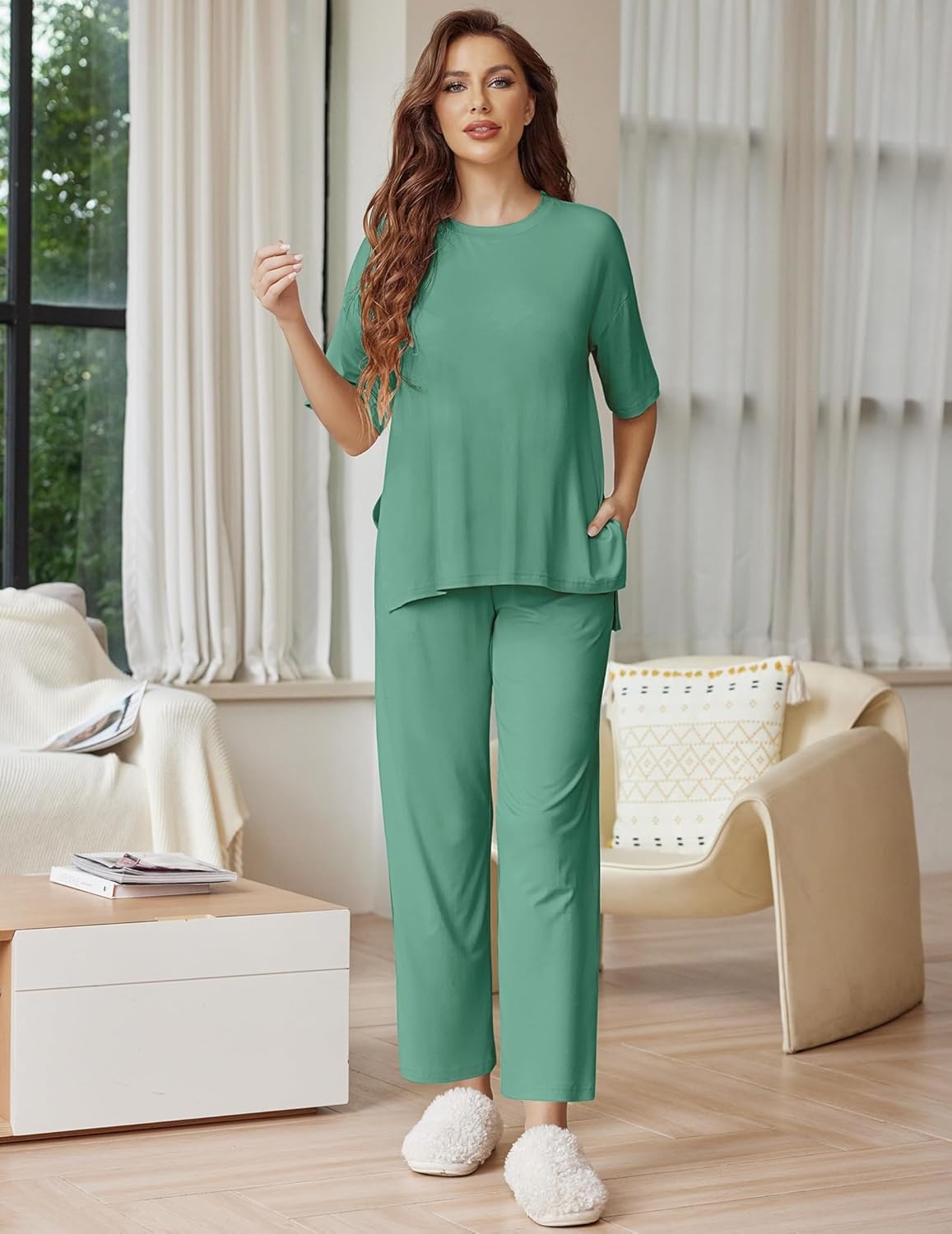 image:imageEkouaer Lounge Sets for Women Short Sleeve Tops and Long Pants Soft Comfy Pajamas Set 2 Piece OutfitsGray Green
