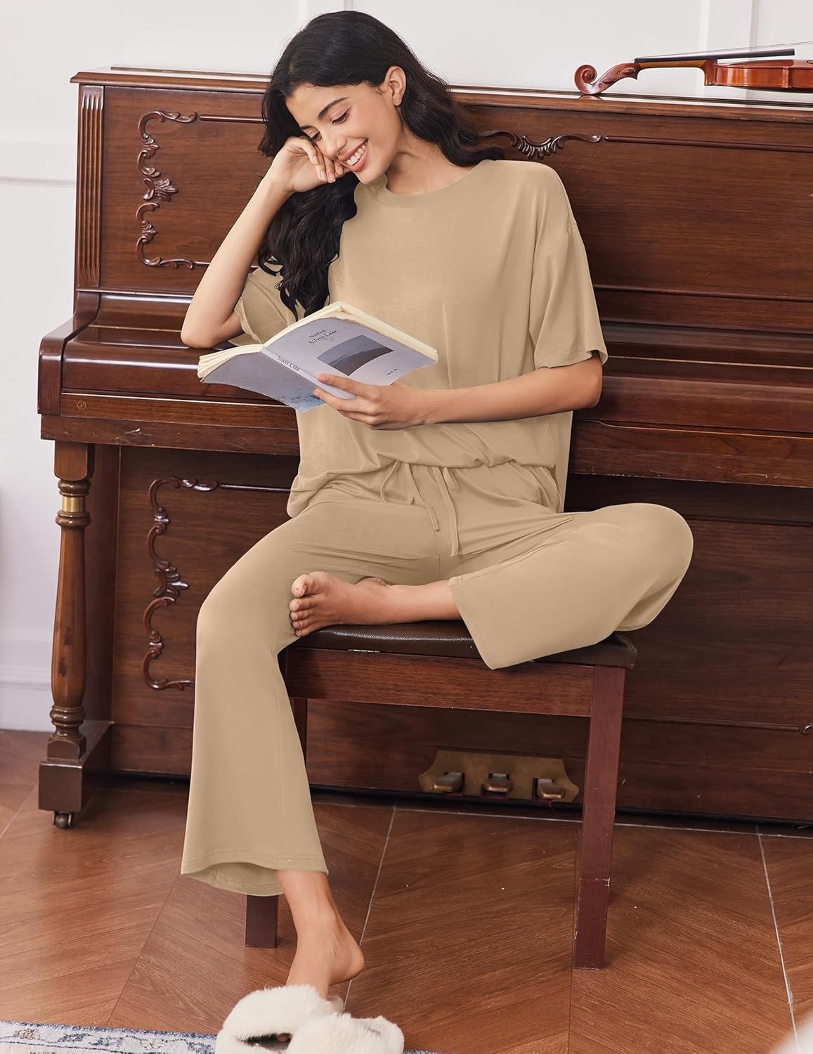 image:imageEkouaer Lounge Sets for Women Short Sleeve Tops and Long Pants Soft Comfy Pajamas Set 2 Piece OutfitsKhaki