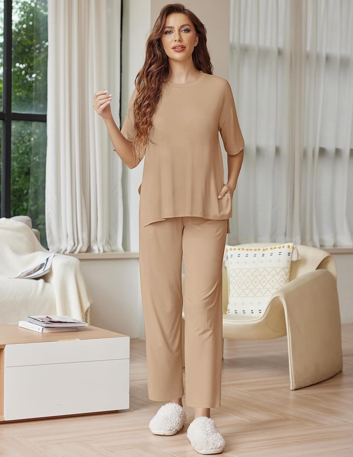 image:imageEkouaer Lounge Sets for Women Short Sleeve Tops and Long Pants Soft Comfy Pajamas Set 2 Piece OutfitsKhaki