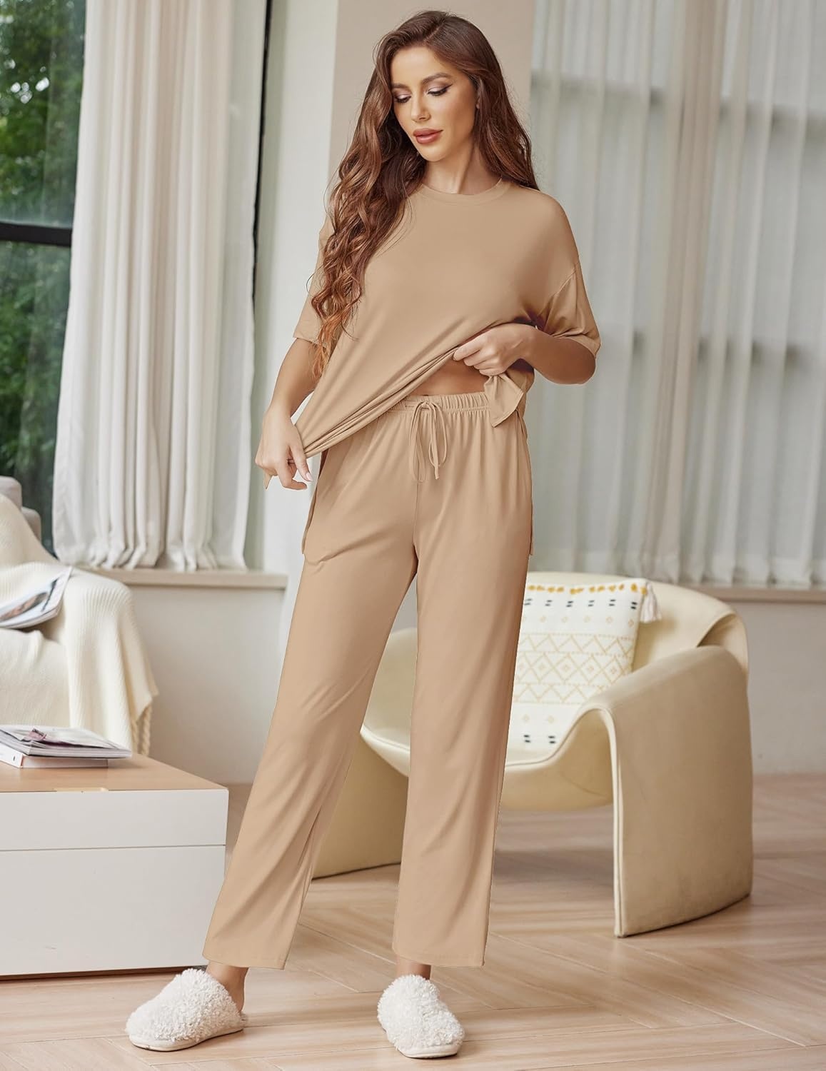 image:imageEkouaer Lounge Sets for Women Short Sleeve Tops and Long Pants Soft Comfy Pajamas Set 2 Piece OutfitsKhaki