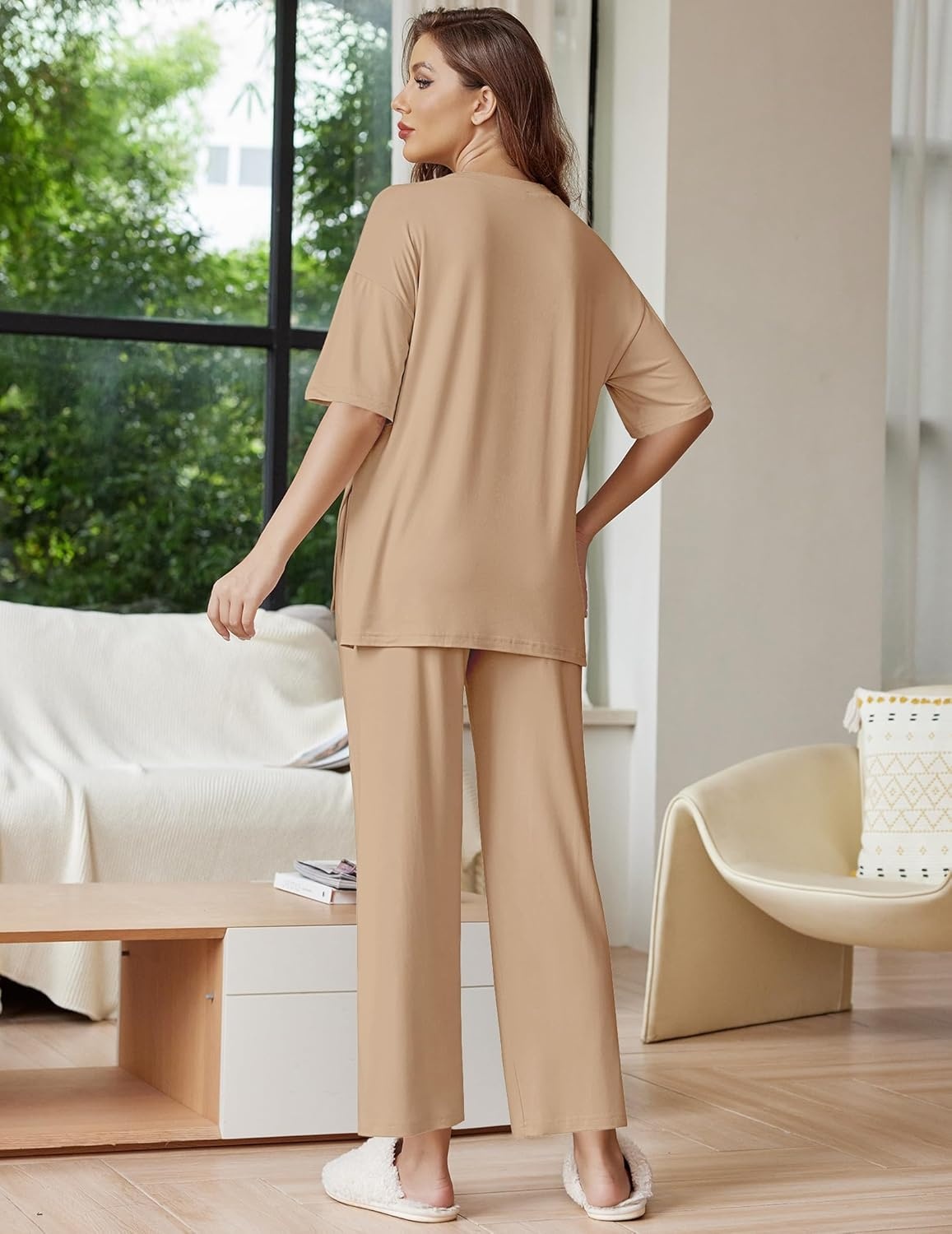 image:imageEkouaer Lounge Sets for Women Short Sleeve Tops and Long Pants Soft Comfy Pajamas Set 2 Piece OutfitsKhaki