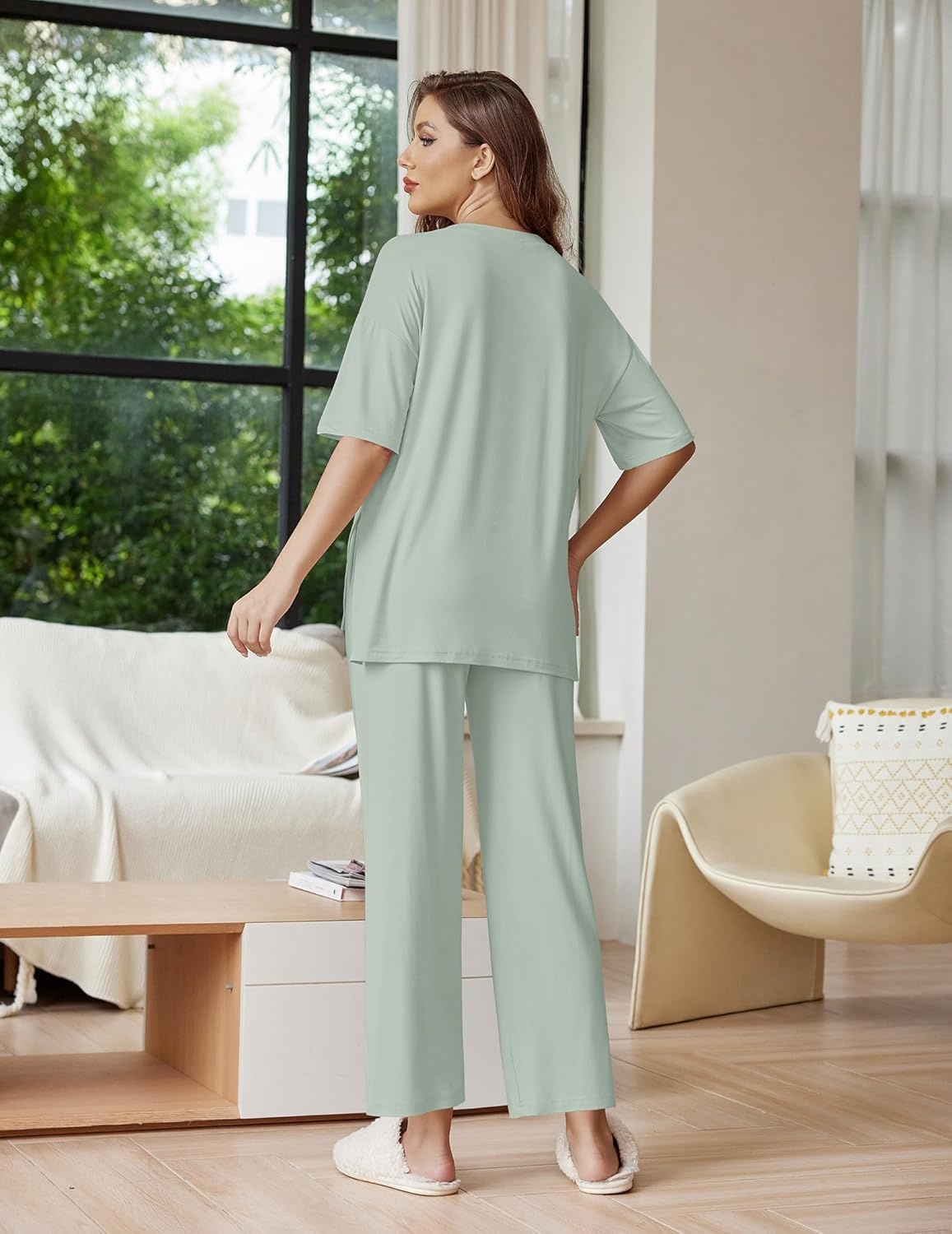 image:imageEkouaer Lounge Sets for Women Short Sleeve Tops and Long Pants Soft Comfy Pajamas Set 2 Piece OutfitsLight Green