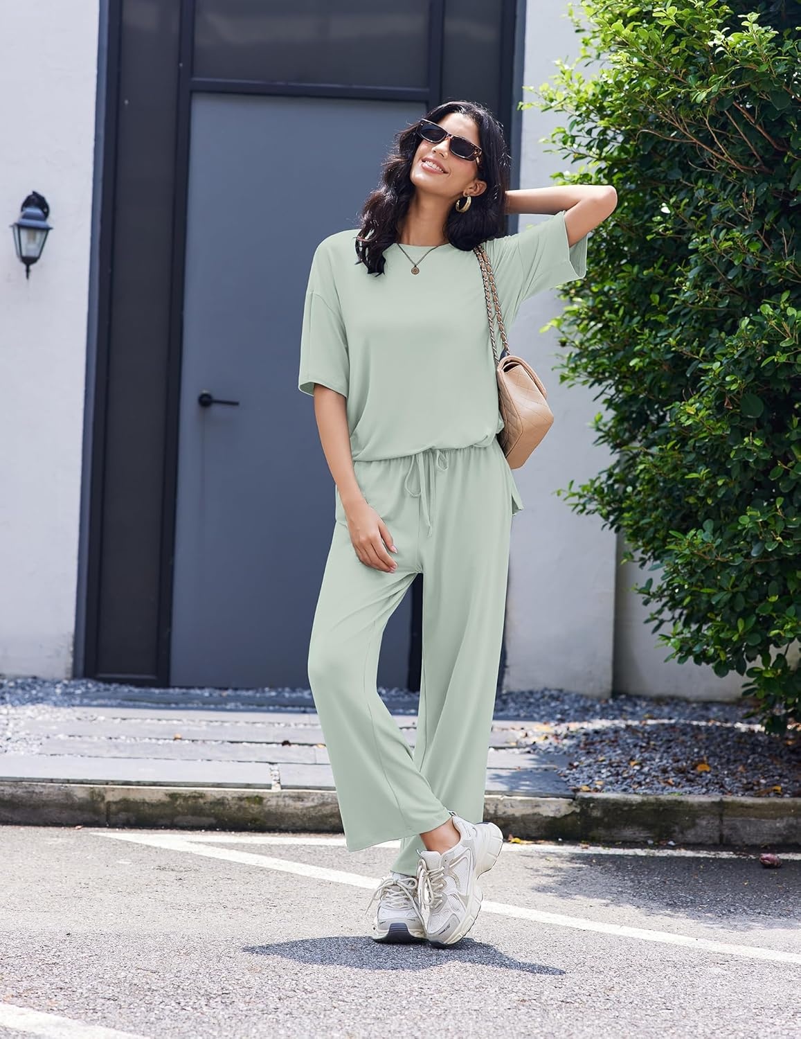 image:imageEkouaer Lounge Sets for Women Short Sleeve Tops and Long Pants Soft Comfy Pajamas Set 2 Piece OutfitsLight Green