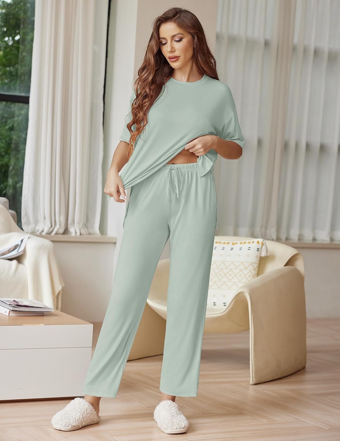 image:imageEkouaer Lounge Sets for Women Short Sleeve Tops and Long Pants Soft Comfy Pajamas Set 2 Piece OutfitsLight Green