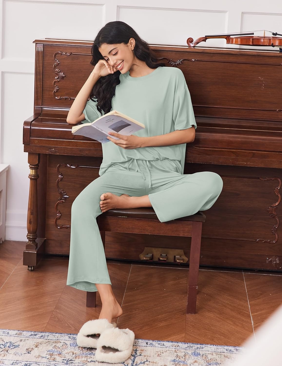 image:imageEkouaer Lounge Sets for Women Short Sleeve Tops and Long Pants Soft Comfy Pajamas Set 2 Piece OutfitsLight Green