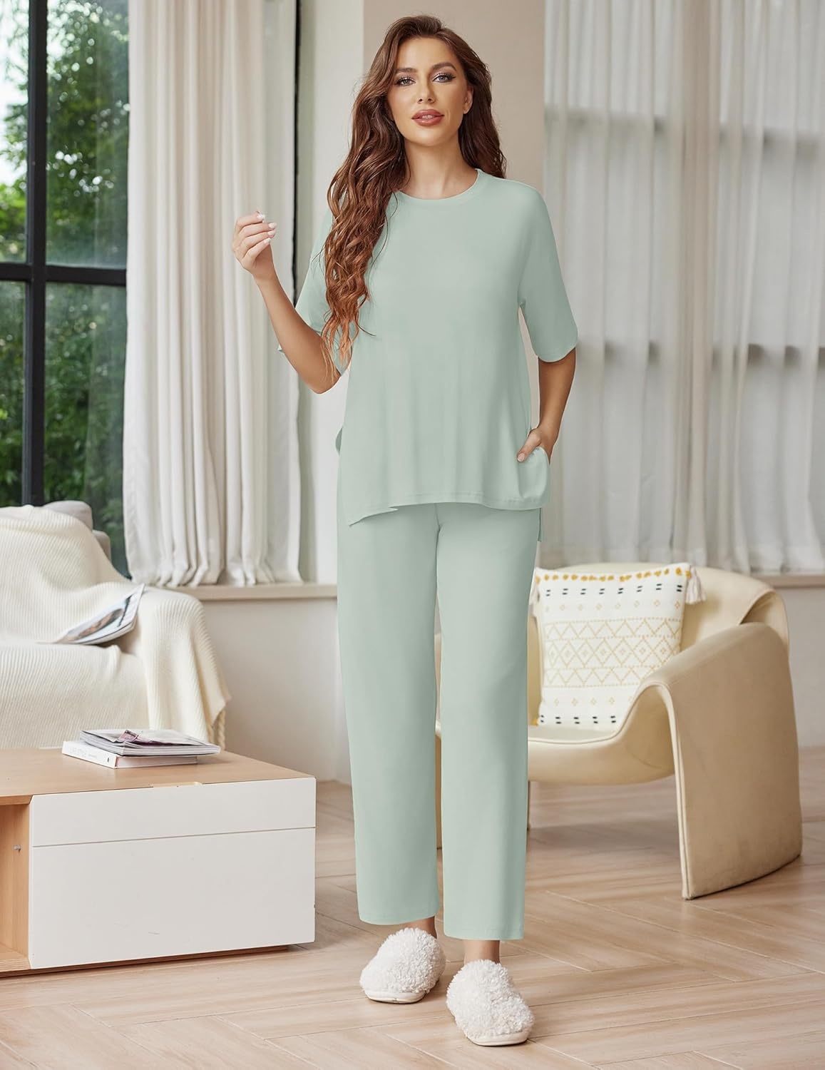 image:imageEkouaer Lounge Sets for Women Short Sleeve Tops and Long Pants Soft Comfy Pajamas Set 2 Piece OutfitsLight Green