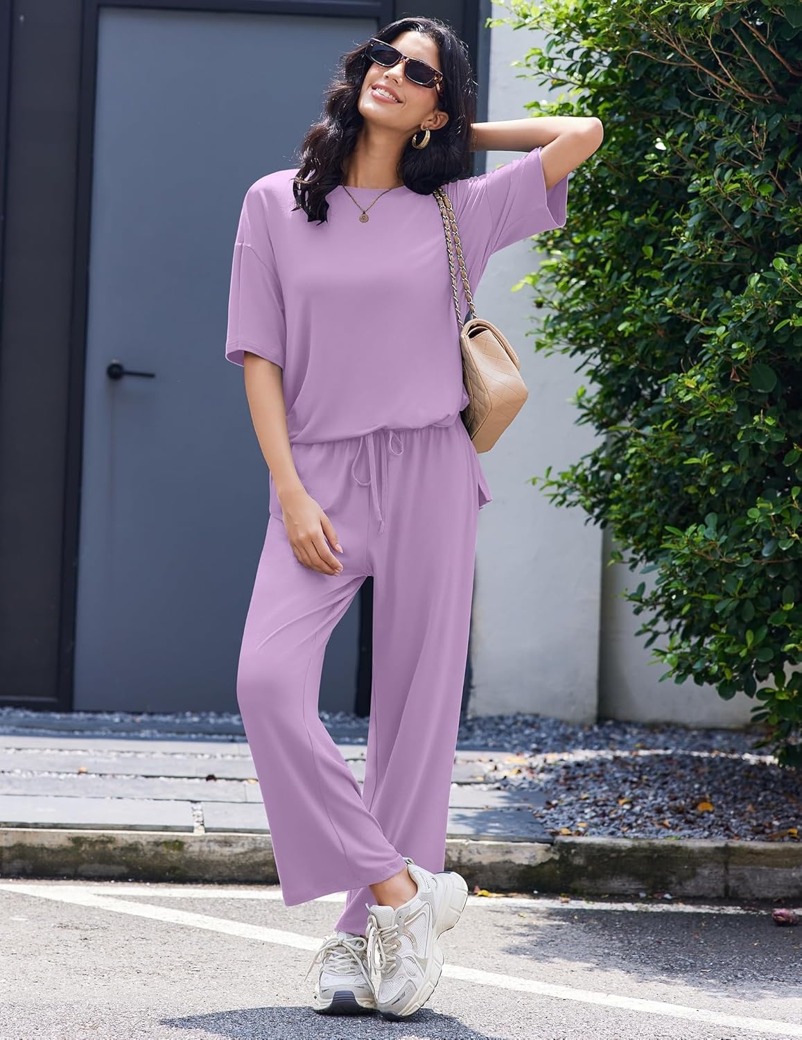 image:imageEkouaer Lounge Sets for Women Short Sleeve Tops and Long Pants Soft Comfy Pajamas Set 2 Piece OutfitsLilac