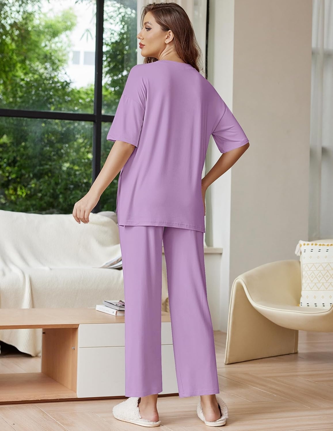 image:imageEkouaer Lounge Sets for Women Short Sleeve Tops and Long Pants Soft Comfy Pajamas Set 2 Piece OutfitsLilac