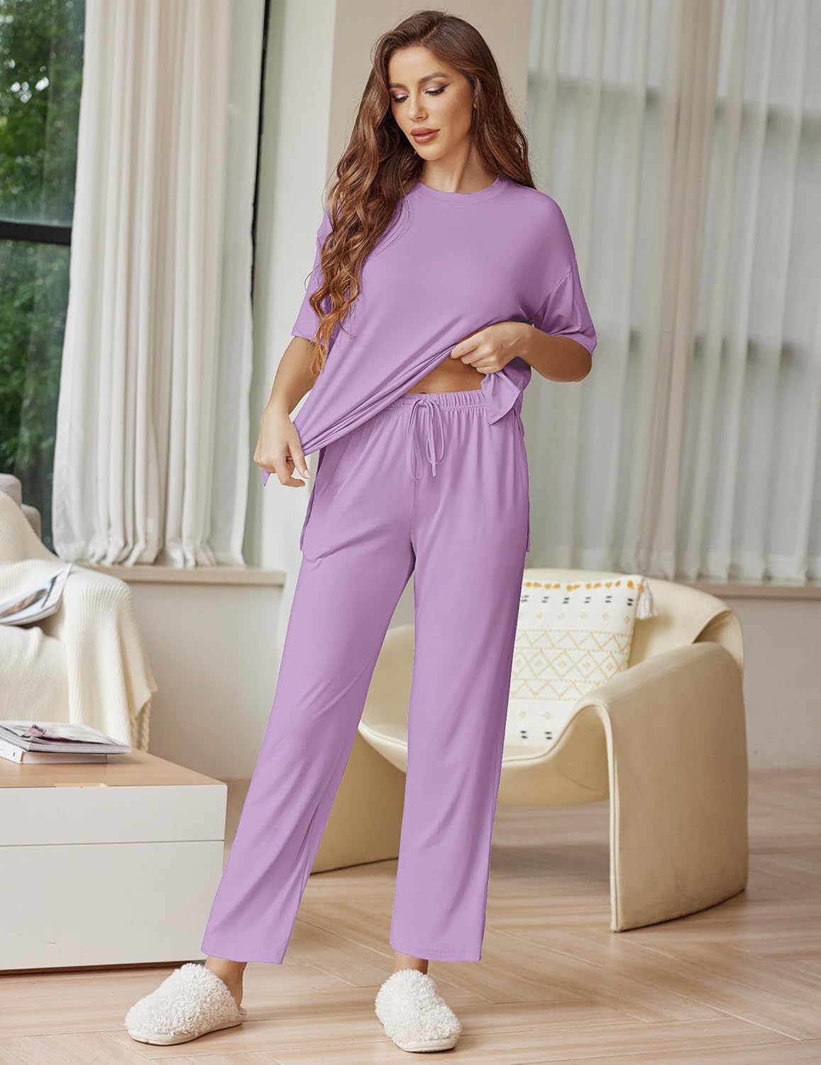 image:imageEkouaer Lounge Sets for Women Short Sleeve Tops and Long Pants Soft Comfy Pajamas Set 2 Piece OutfitsLilac