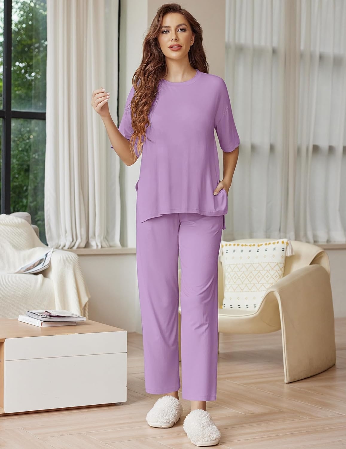 image:imageEkouaer Lounge Sets for Women Short Sleeve Tops and Long Pants Soft Comfy Pajamas Set 2 Piece OutfitsLilac
