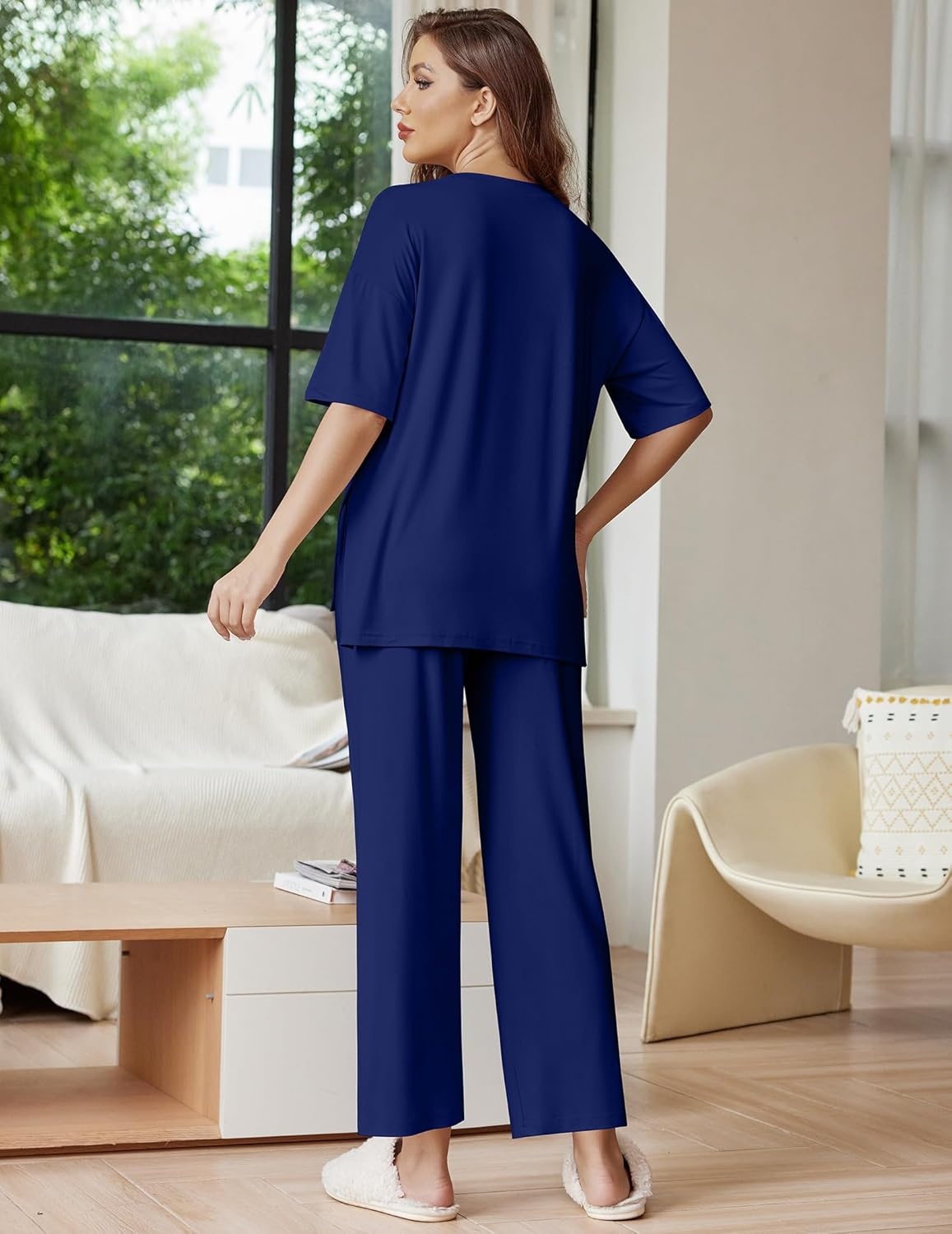 image:imageEkouaer Lounge Sets for Women Short Sleeve Tops and Long Pants Soft Comfy Pajamas Set 2 Piece OutfitsNavy Blue