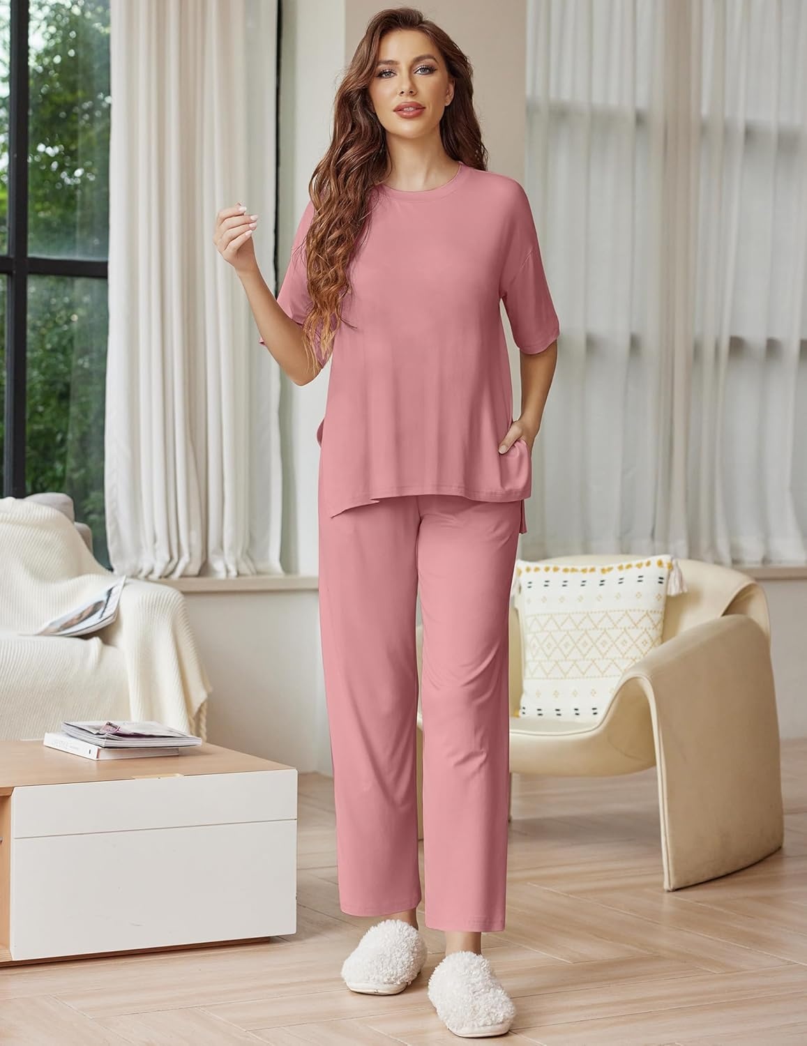 image:imageEkouaer Lounge Sets for Women Short Sleeve Tops and Long Pants Soft Comfy Pajamas Set 2 Piece OutfitsOld Rose