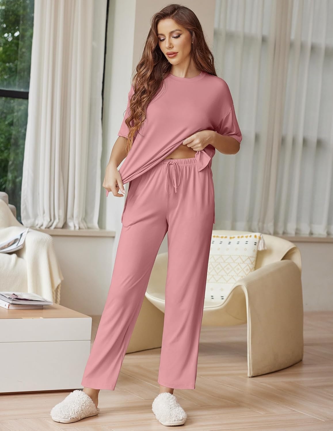 image:imageEkouaer Lounge Sets for Women Short Sleeve Tops and Long Pants Soft Comfy Pajamas Set 2 Piece OutfitsOld Rose