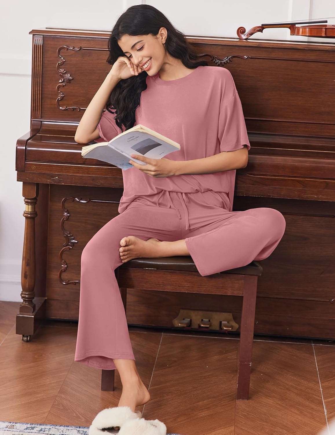 image:imageEkouaer Lounge Sets for Women Short Sleeve Tops and Long Pants Soft Comfy Pajamas Set 2 Piece OutfitsOld Rose