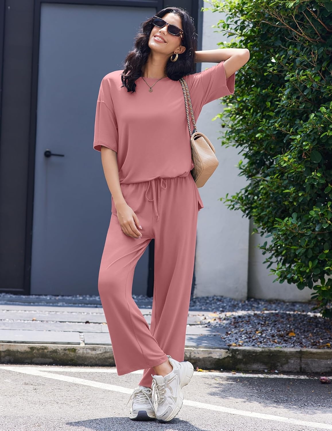image:imageEkouaer Lounge Sets for Women Short Sleeve Tops and Long Pants Soft Comfy Pajamas Set 2 Piece OutfitsOld Rose