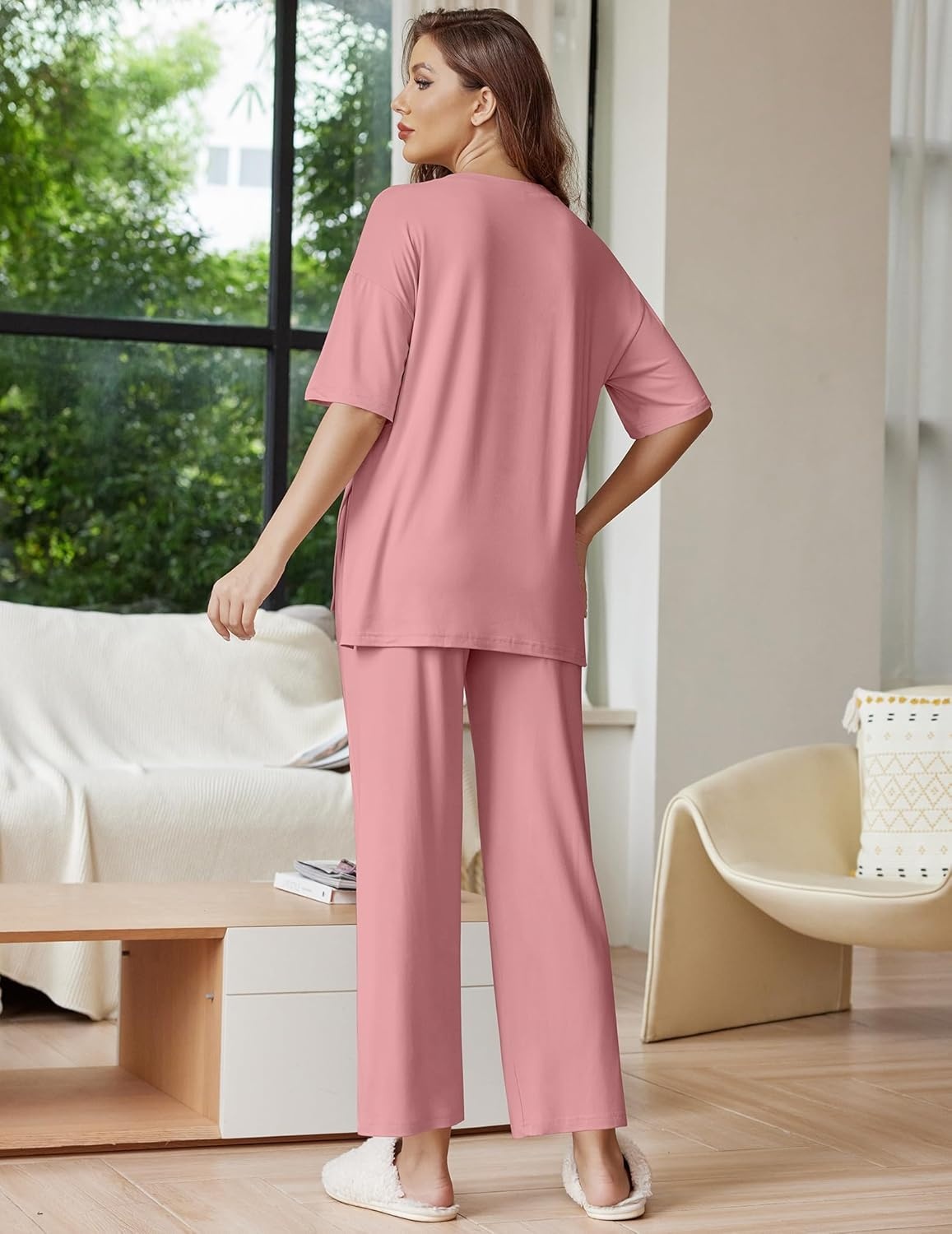 image:imageEkouaer Lounge Sets for Women Short Sleeve Tops and Long Pants Soft Comfy Pajamas Set 2 Piece OutfitsOld Rose