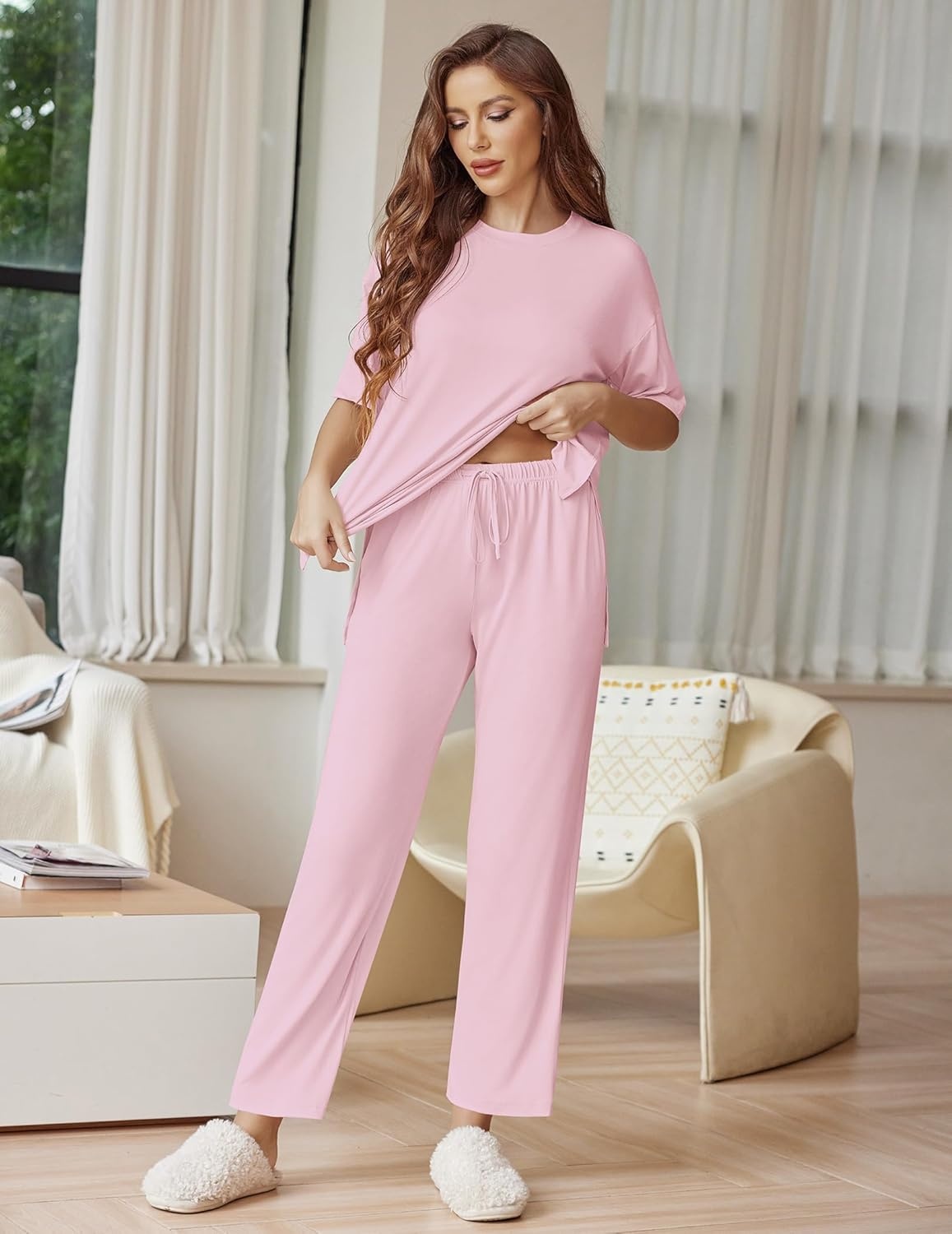 image:imageEkouaer Lounge Sets for Women Short Sleeve Tops and Long Pants Soft Comfy Pajamas Set 2 Piece OutfitsPink