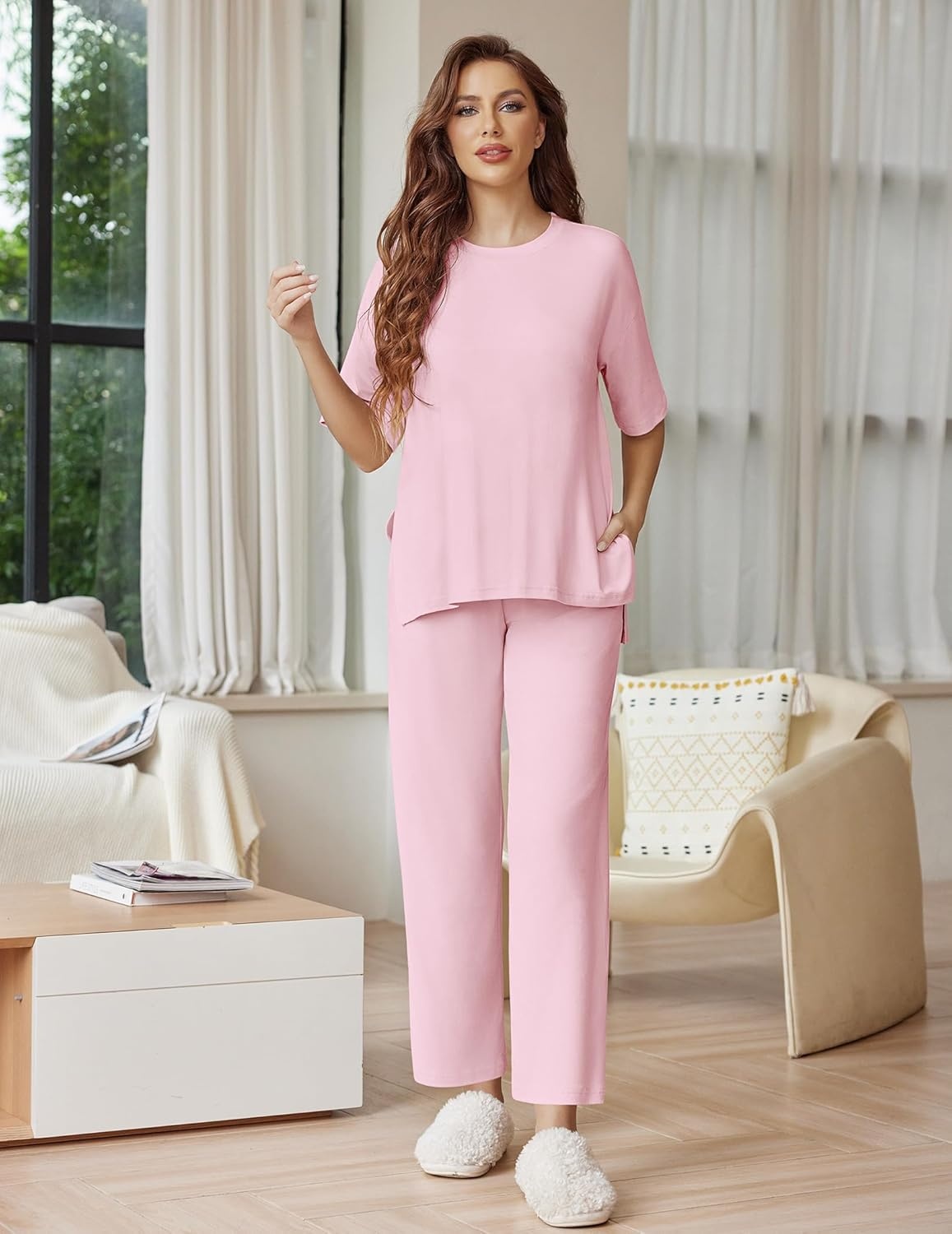 image:imageEkouaer Lounge Sets for Women Short Sleeve Tops and Long Pants Soft Comfy Pajamas Set 2 Piece OutfitsPink