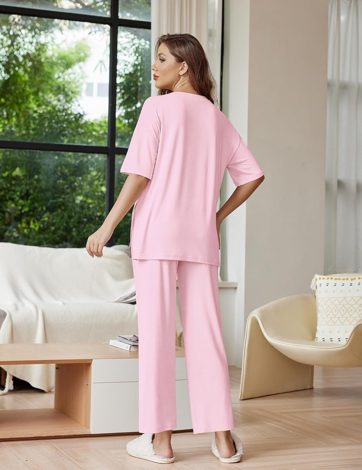image:imageEkouaer Lounge Sets for Women Short Sleeve Tops and Long Pants Soft Comfy Pajamas Set 2 Piece OutfitsPink