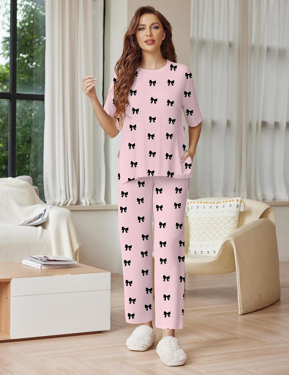 image:imageEkouaer Lounge Sets for Women Short Sleeve Tops and Long Pants Soft Comfy Pajamas Set 2 Piece OutfitsPink Bow