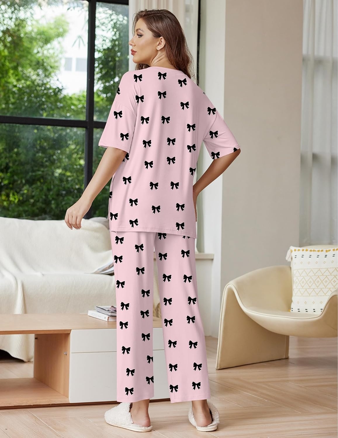 image:imageEkouaer Lounge Sets for Women Short Sleeve Tops and Long Pants Soft Comfy Pajamas Set 2 Piece OutfitsPink Bow