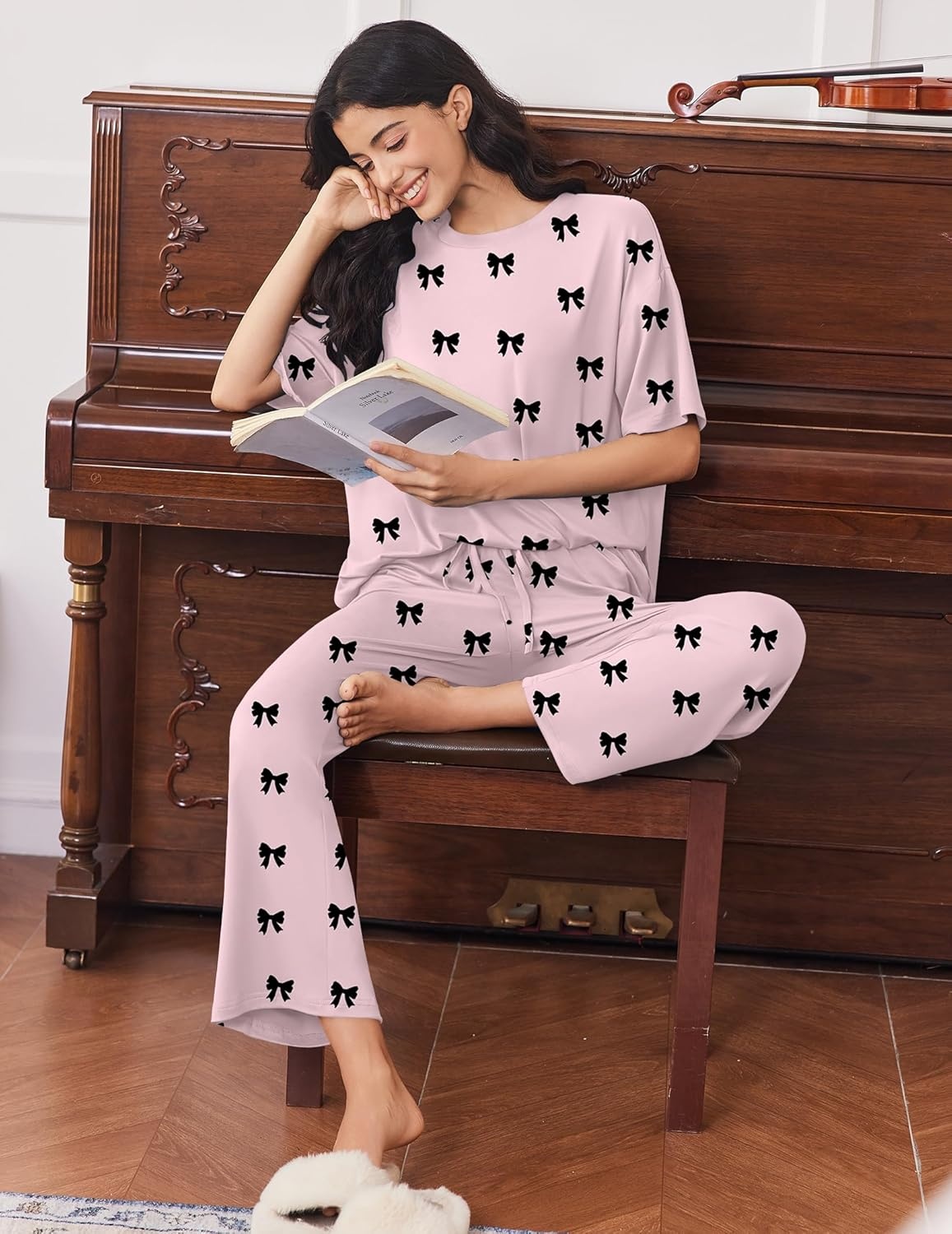 image:imageEkouaer Lounge Sets for Women Short Sleeve Tops and Long Pants Soft Comfy Pajamas Set 2 Piece OutfitsPink Bow