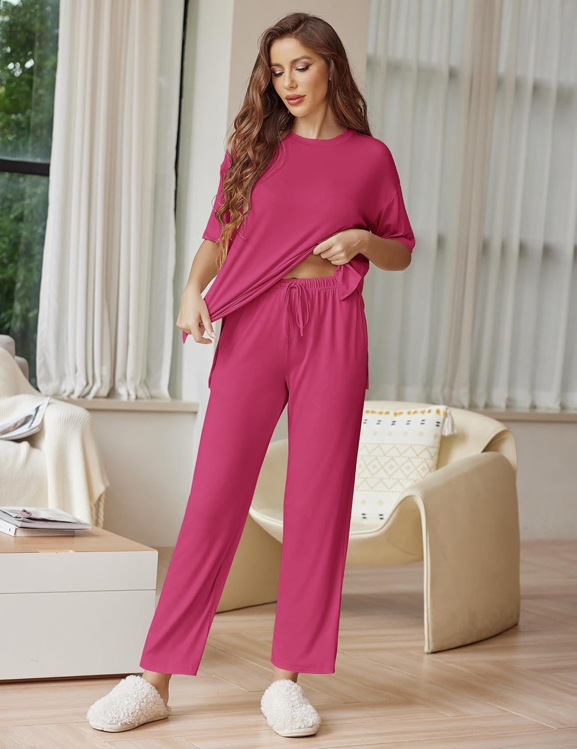 image:imageEkouaer Lounge Sets for Women Short Sleeve Tops and Long Pants Soft Comfy Pajamas Set 2 Piece OutfitsRose Red