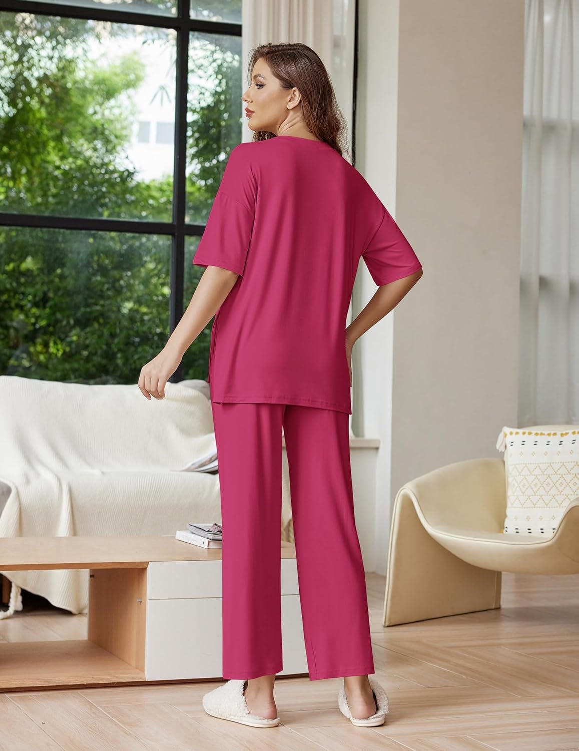 image:imageEkouaer Lounge Sets for Women Short Sleeve Tops and Long Pants Soft Comfy Pajamas Set 2 Piece OutfitsRose Red