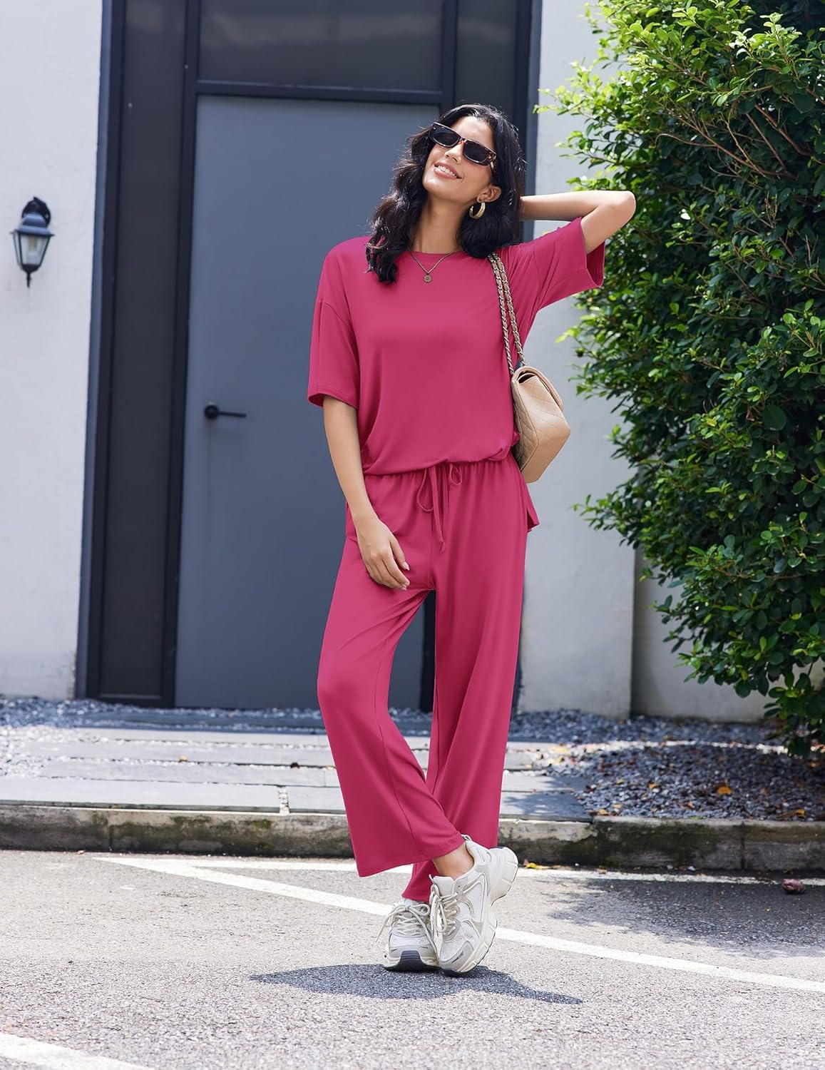 image:imageEkouaer Lounge Sets for Women Short Sleeve Tops and Long Pants Soft Comfy Pajamas Set 2 Piece OutfitsRose Red