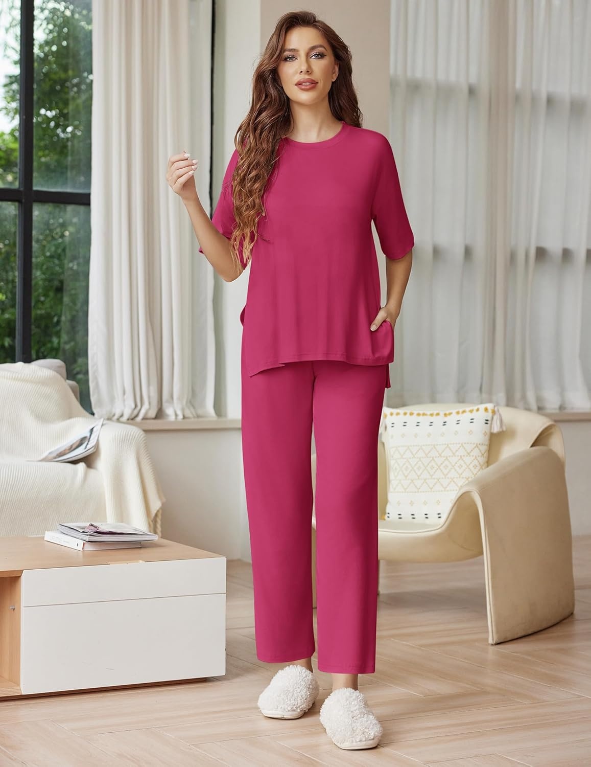 image:imageEkouaer Lounge Sets for Women Short Sleeve Tops and Long Pants Soft Comfy Pajamas Set 2 Piece OutfitsRose Red