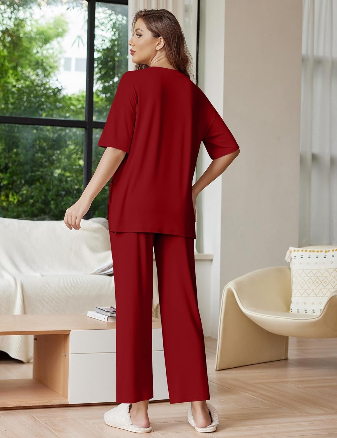 image:imageEkouaer Lounge Sets for Women Short Sleeve Tops and Long Pants Soft Comfy Pajamas Set 2 Piece OutfitsWine Red