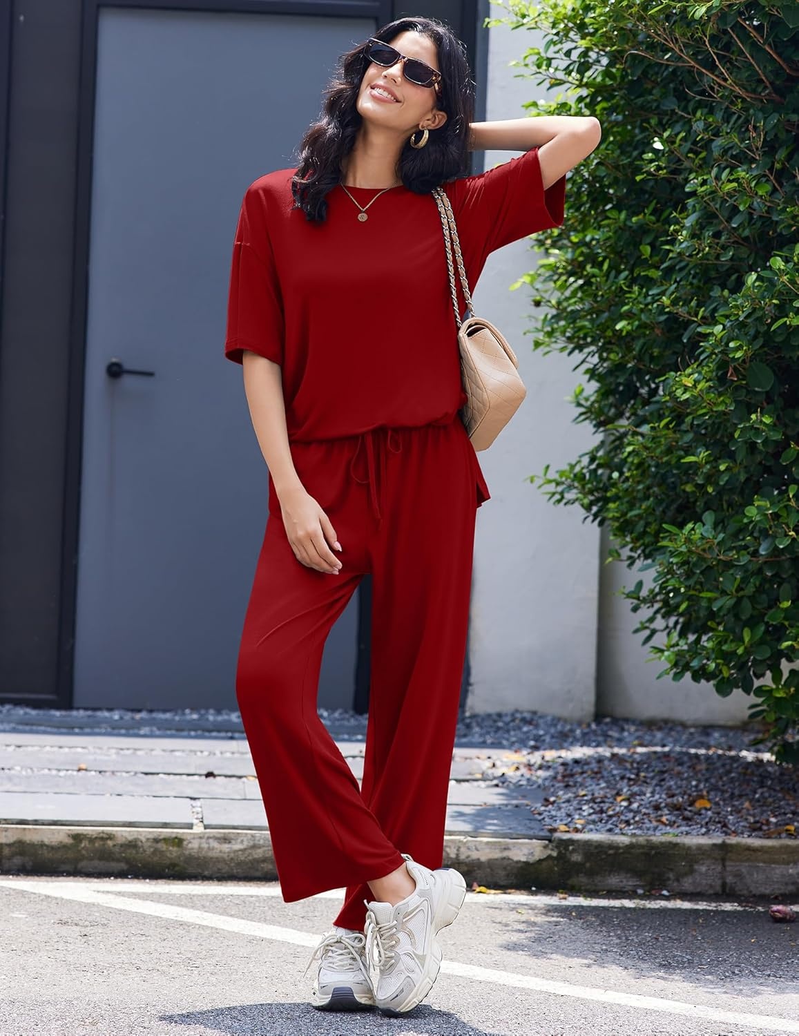 image:imageEkouaer Lounge Sets for Women Short Sleeve Tops and Long Pants Soft Comfy Pajamas Set 2 Piece OutfitsWine Red