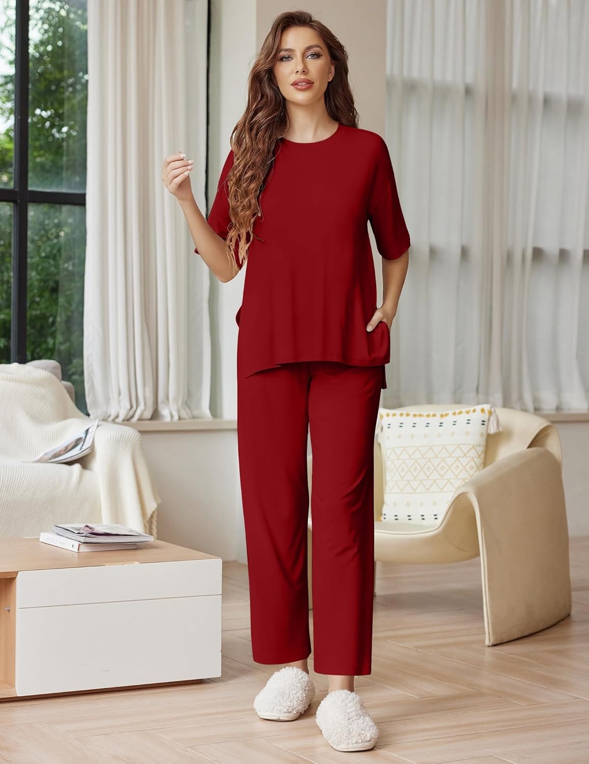 image:imageEkouaer Lounge Sets for Women Short Sleeve Tops and Long Pants Soft Comfy Pajamas Set 2 Piece OutfitsWine Red