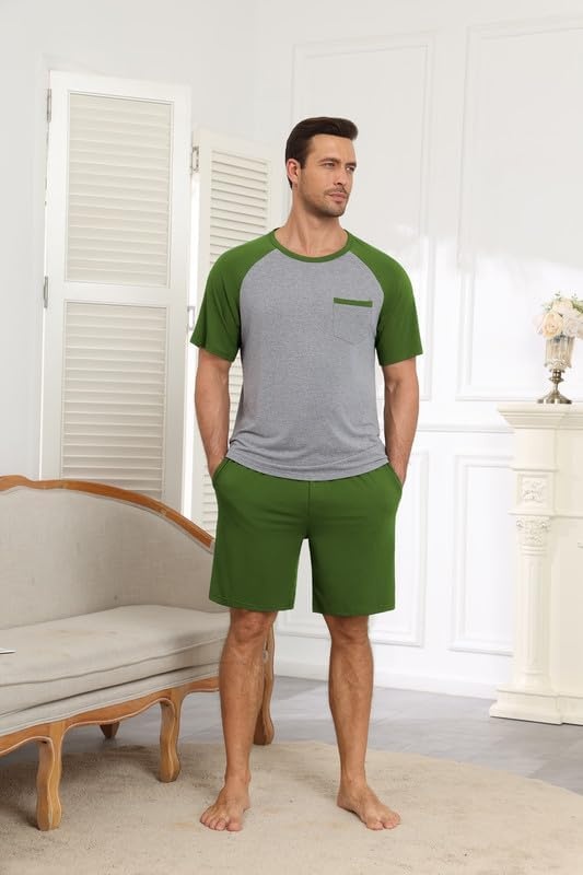 image:imageEkouaer Mens Pajamas Set Bamboo Viscose Short Sleeve Pjs Sets Soft Sleepwear Lightweight Loungewear with Pockets S3XLArmy Green Grey