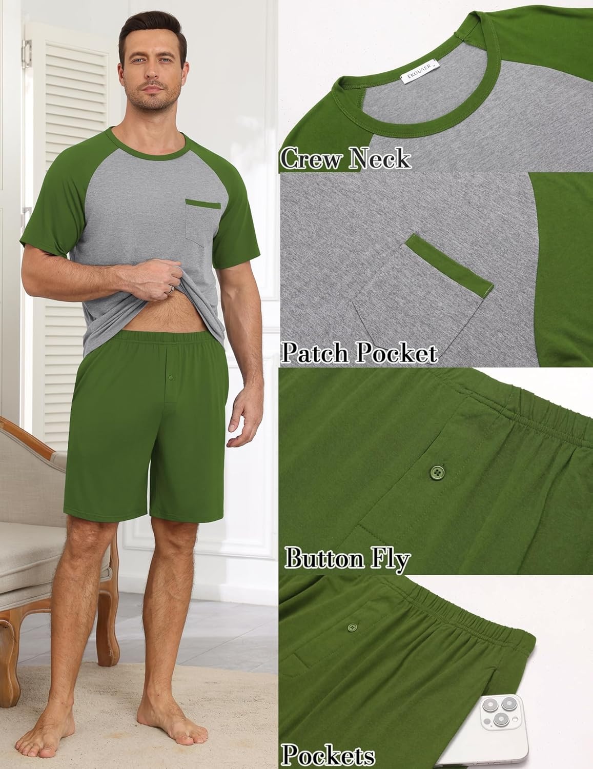 image:imageEkouaer Mens Pajamas Set Bamboo Viscose Short Sleeve Pjs Sets Soft Sleepwear Lightweight Loungewear with Pockets S3XLArmy Green Grey