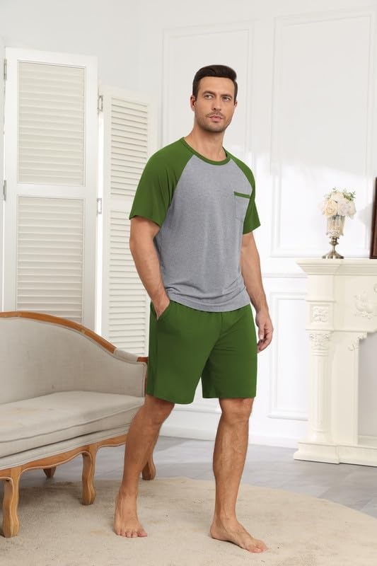 image:imageEkouaer Mens Pajamas Set Bamboo Viscose Short Sleeve Pjs Sets Soft Sleepwear Lightweight Loungewear with Pockets S3XLArmy Green Grey