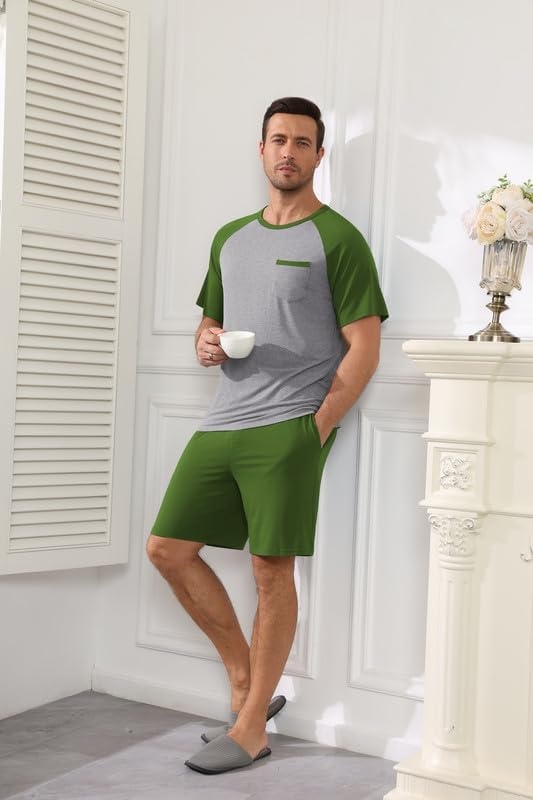 image:imageEkouaer Mens Pajamas Set Bamboo Viscose Short Sleeve Pjs Sets Soft Sleepwear Lightweight Loungewear with Pockets S3XLArmy Green Grey