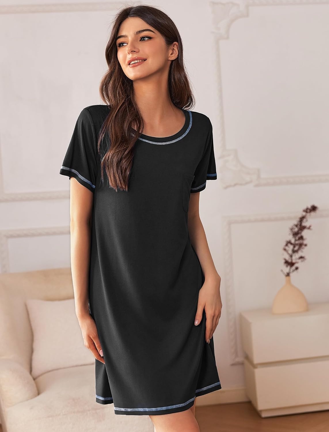 image:imageEkouaer Nightgowns for Women 2 Pack Night Gowns Short Sleeve Sleepshirts Pullover Nightshirts Soft SleepwearBlackBlue Green