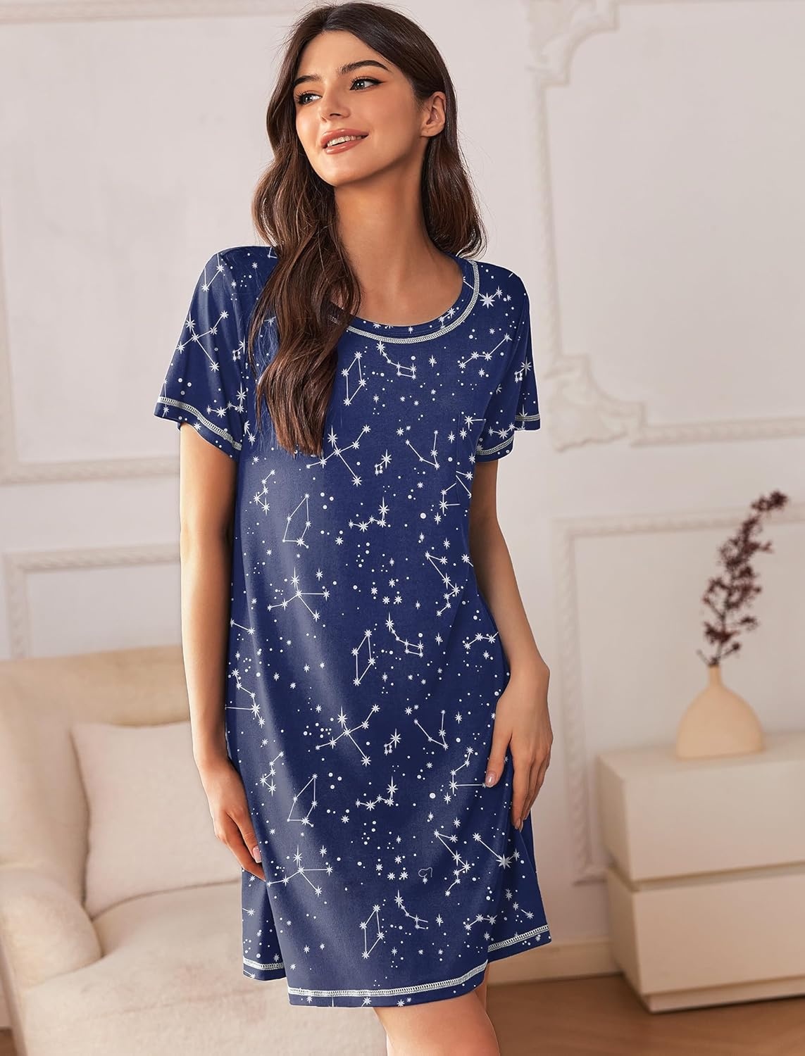 image:imageEkouaer Nightgowns for Women 2 Pack Night Gowns Short Sleeve Sleepshirts Pullover Nightshirts Soft SleepwearBlackBlue Star