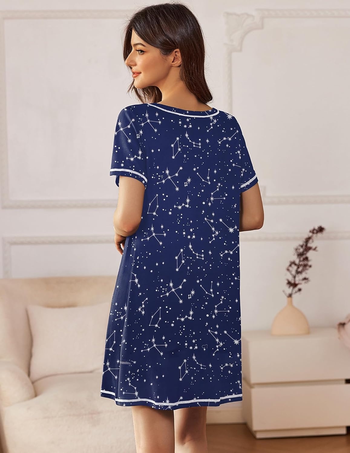 image:imageEkouaer Nightgowns for Women 2 Pack Night Gowns Short Sleeve Sleepshirts Pullover Nightshirts Soft SleepwearBlackBlue Star
