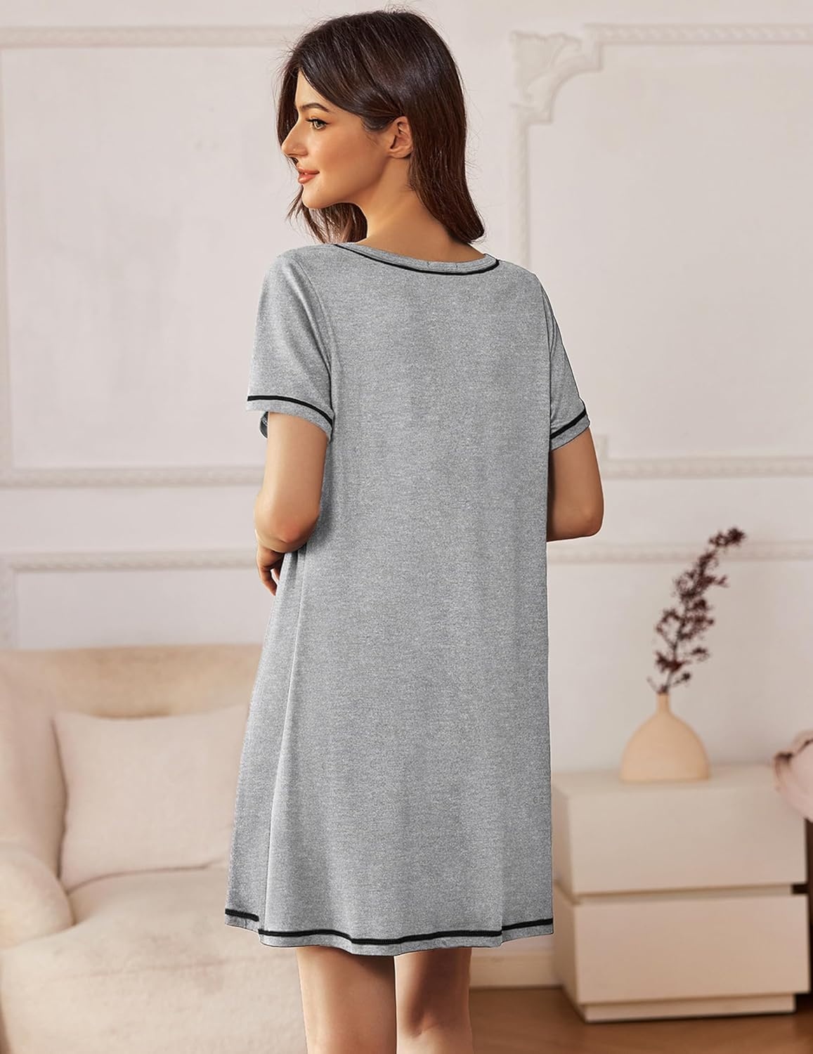 image:imageEkouaer Nightgowns for Women 2 Pack Night Gowns Short Sleeve Sleepshirts Pullover Nightshirts Soft SleepwearBlackLight Grey