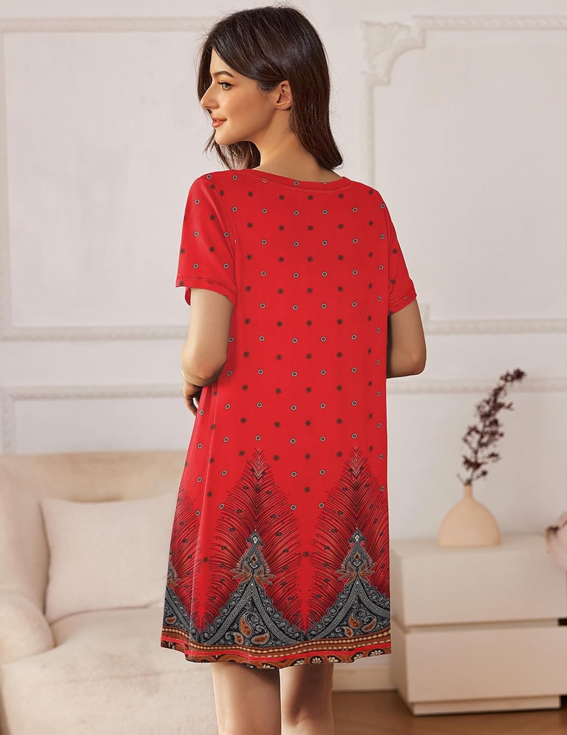 image:imageEkouaer Nightgowns for Women 2 Pack Night Gowns Short Sleeve Sleepshirts Pullover Nightshirts Soft SleepwearBlackRed Feather