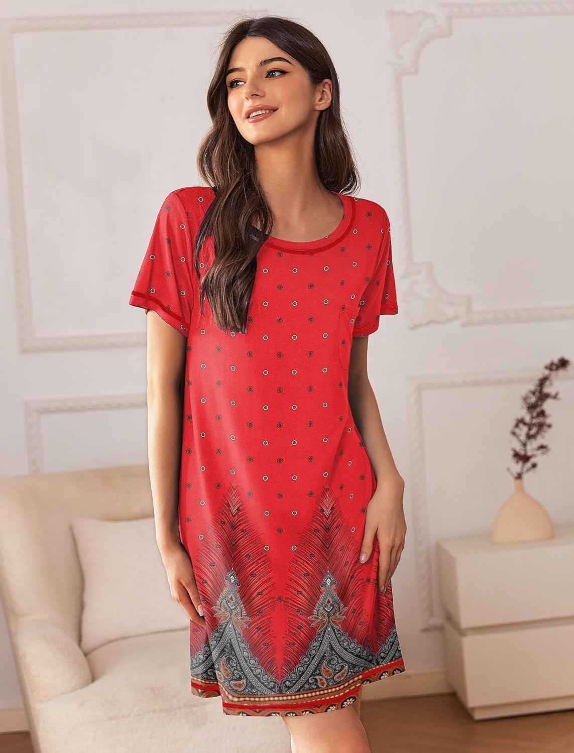 image:imageEkouaer Nightgowns for Women 2 Pack Night Gowns Short Sleeve Sleepshirts Pullover Nightshirts Soft SleepwearBlackRed Feather