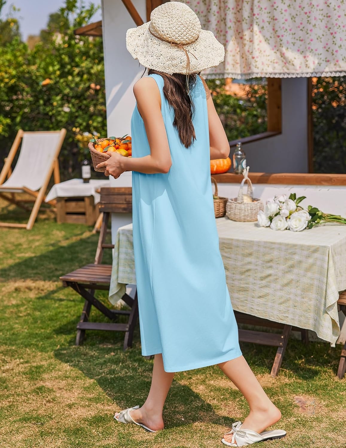 image:imageEkouaer Nightgowns for Women Cotton Long Night Gown Sleeveless Sleep Dress Victorian Nightdress Ladies SleepwearCyan