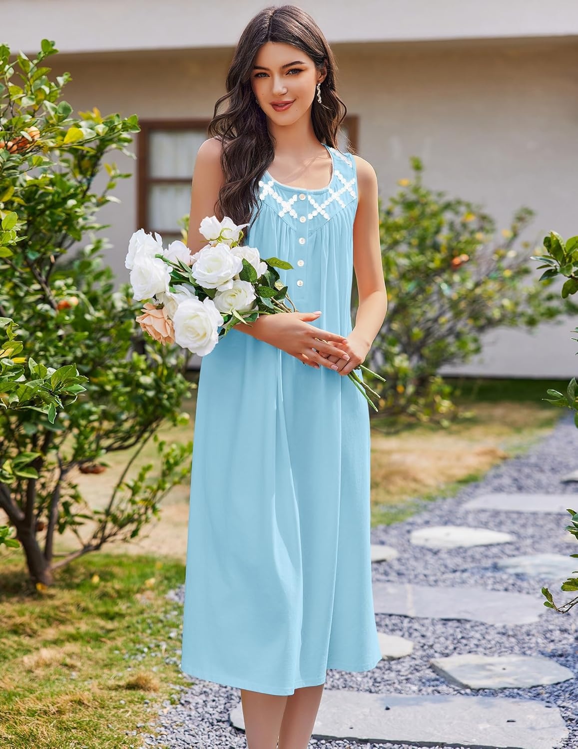 image:imageEkouaer Nightgowns for Women Cotton Long Night Gown Sleeveless Sleep Dress Victorian Nightdress Ladies SleepwearCyan