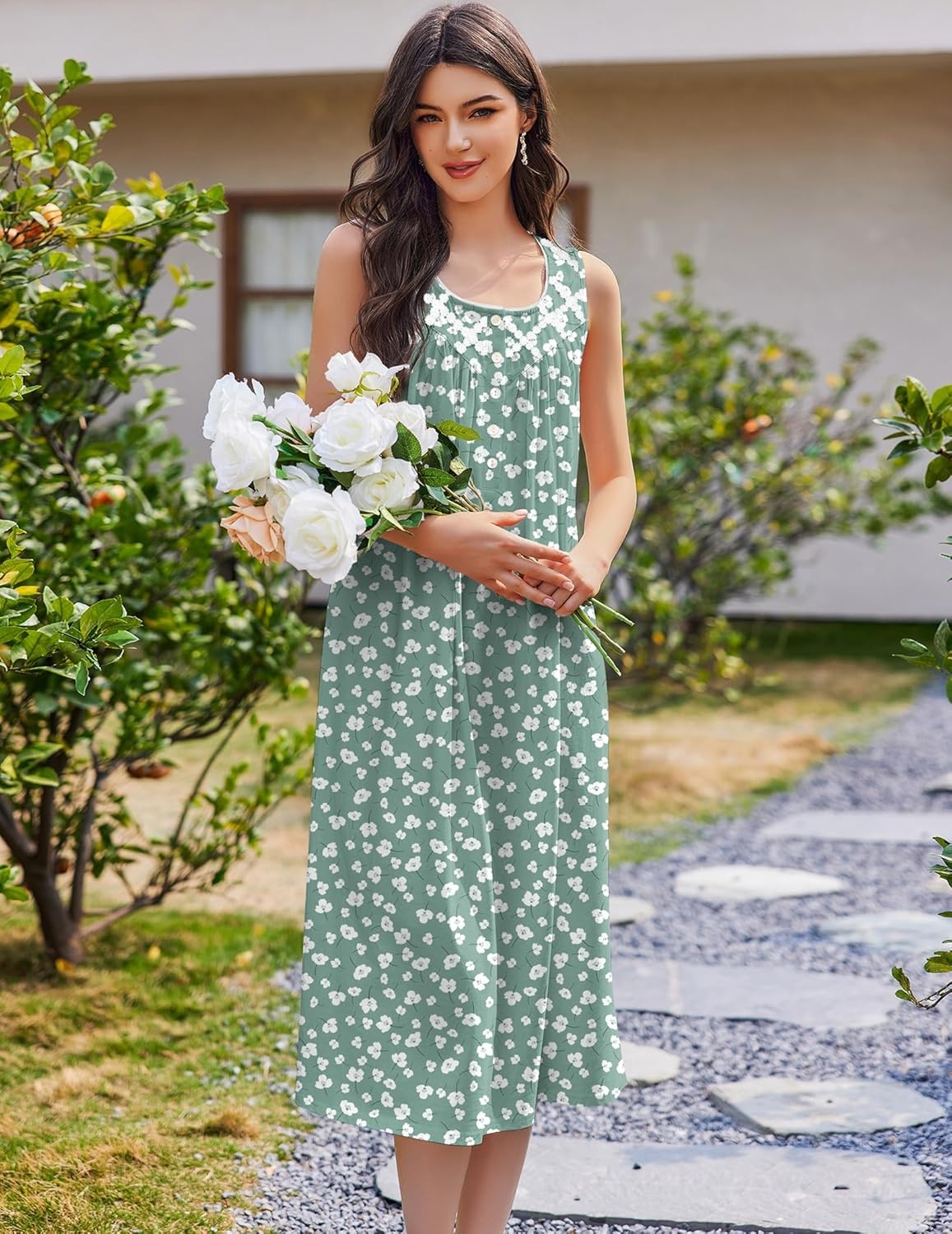 image:imageEkouaer Nightgowns for Women Cotton Long Night Gown Sleeveless Sleep Dress Victorian Nightdress Ladies SleepwearGreen White Florals