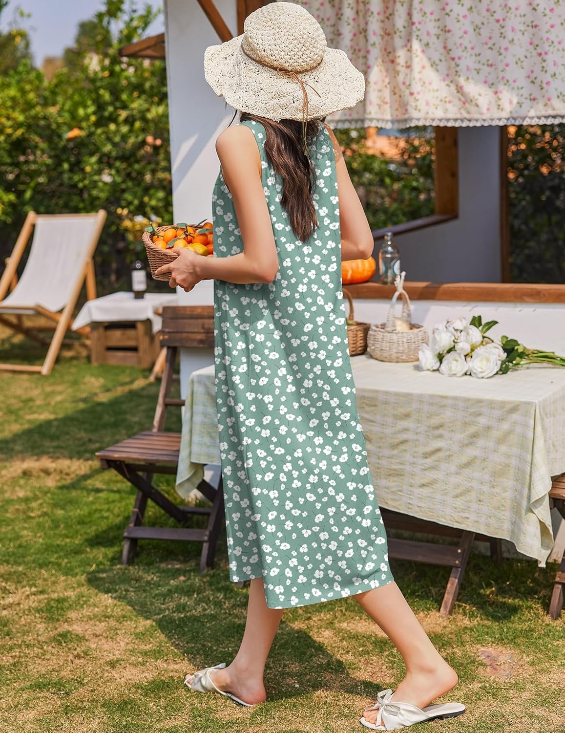 image:imageEkouaer Nightgowns for Women Cotton Long Night Gown Sleeveless Sleep Dress Victorian Nightdress Ladies SleepwearGreen White Florals