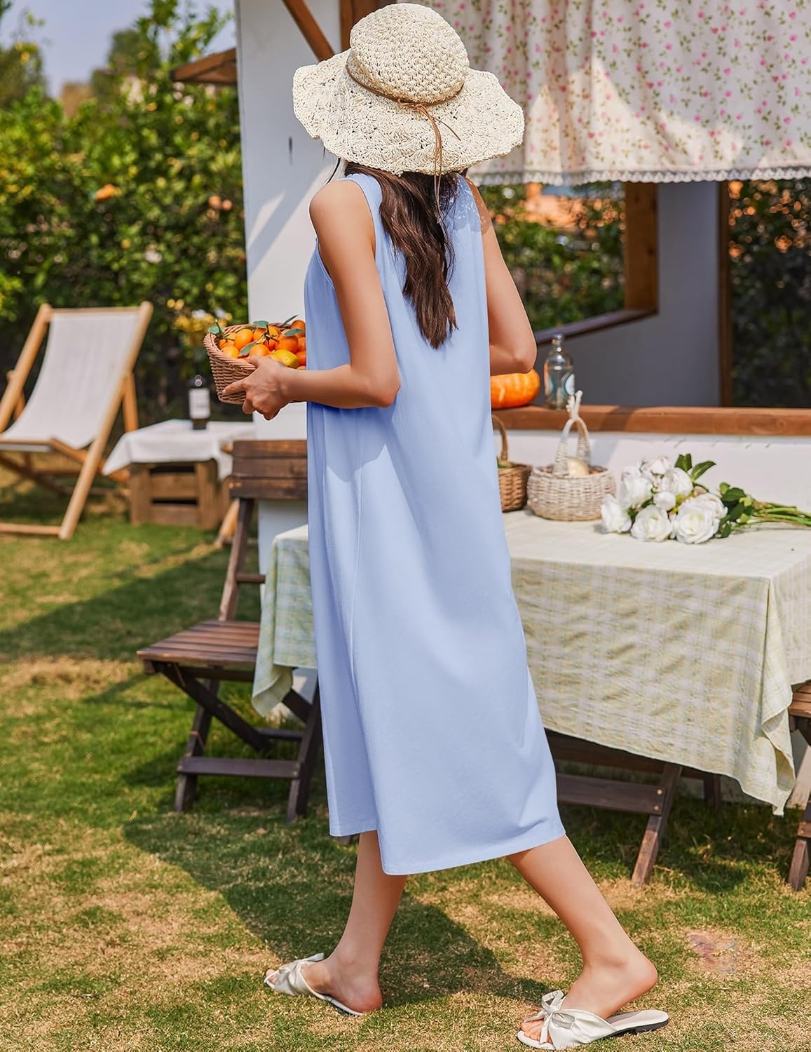 image:imageEkouaer Nightgowns for Women Cotton Long Night Gown Sleeveless Sleep Dress Victorian Nightdress Ladies SleepwearLight Blue