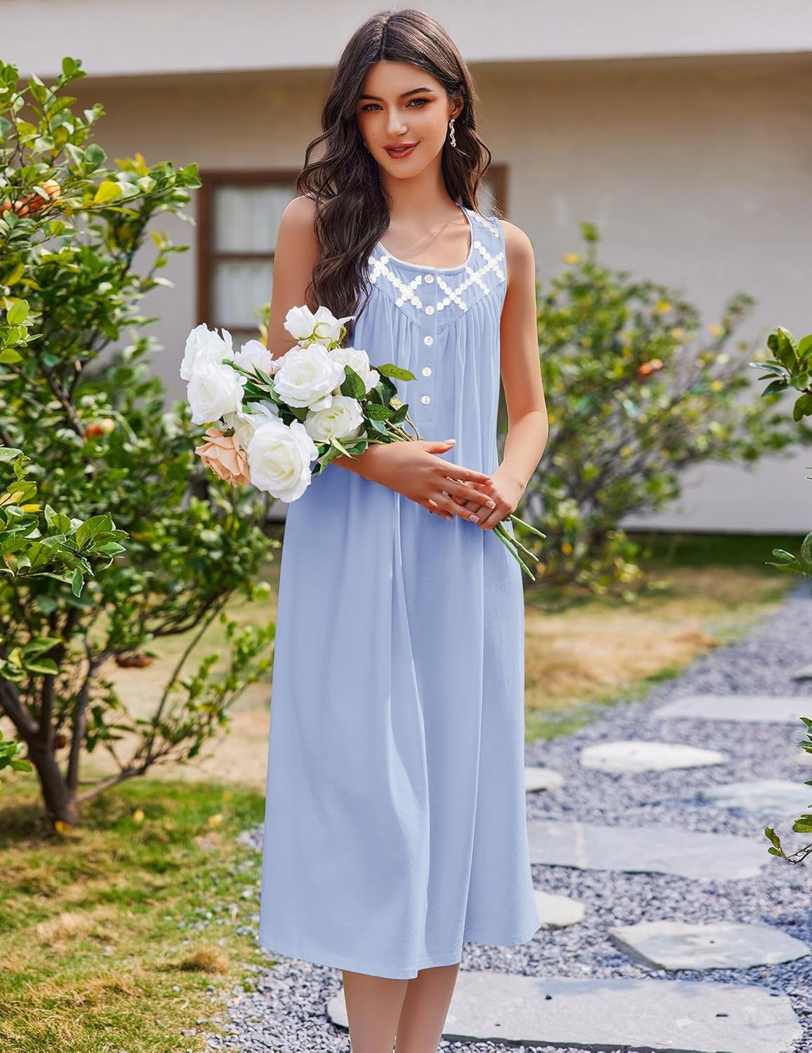 image:imageEkouaer Nightgowns for Women Cotton Long Night Gown Sleeveless Sleep Dress Victorian Nightdress Ladies SleepwearLight Blue