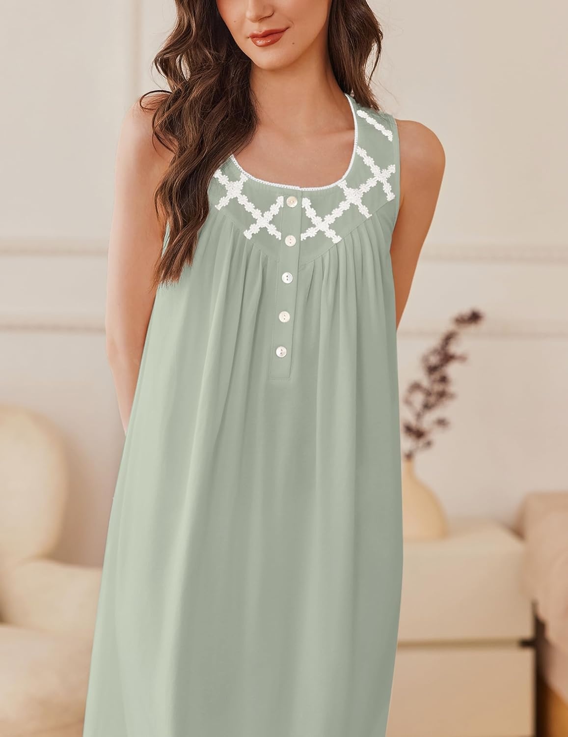 image:imageEkouaer Nightgowns for Women Cotton Long Night Gown Sleeveless Sleep Dress Victorian Nightdress Ladies SleepwearLight Green
